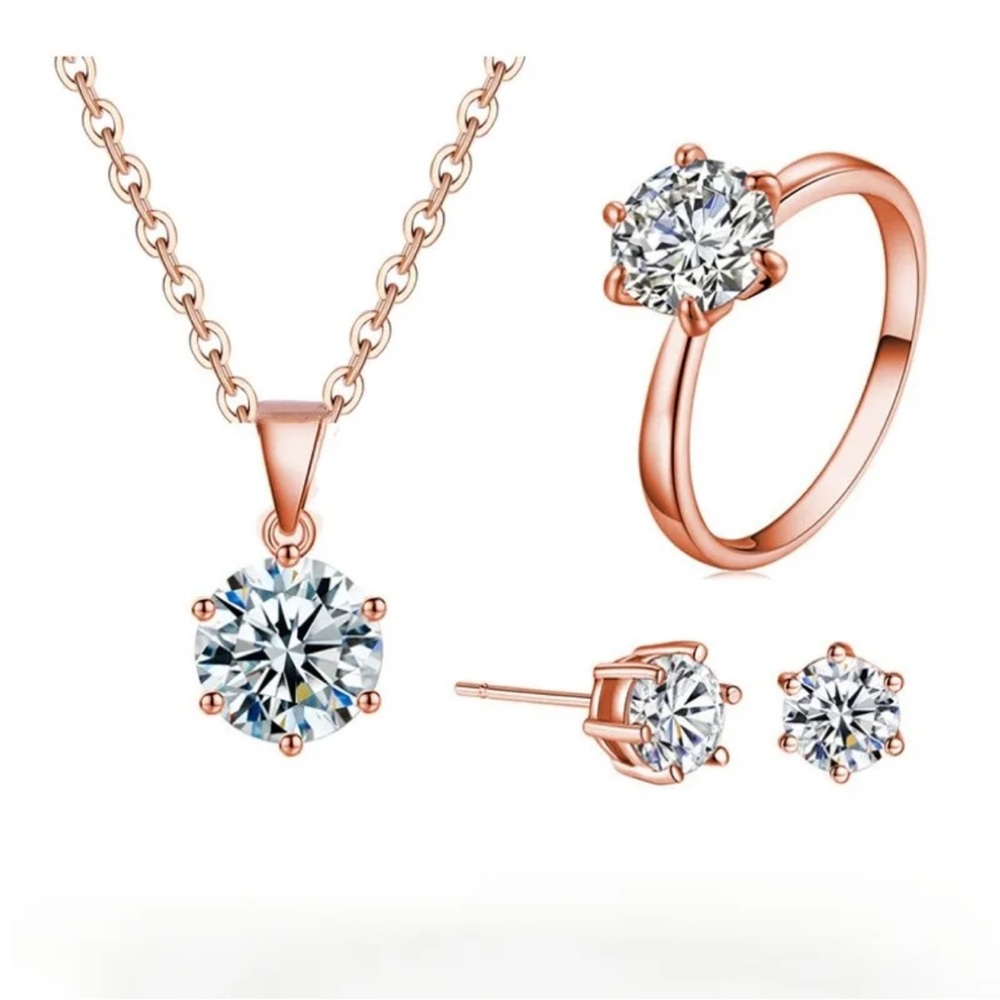3Pc/set Fashion Round pendant Necklace Earring Ring size 7 Rose Gold